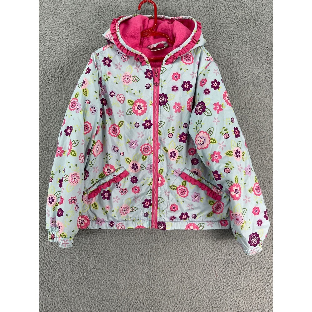 Hanna Andersson Floral Hooded Jacket Kids 130 Blue Pink Fleece Lined Ruffle Trim